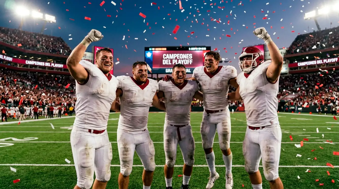 Jugadores de fútbol americano universitario celebrando una victoria en el College Football Playoff