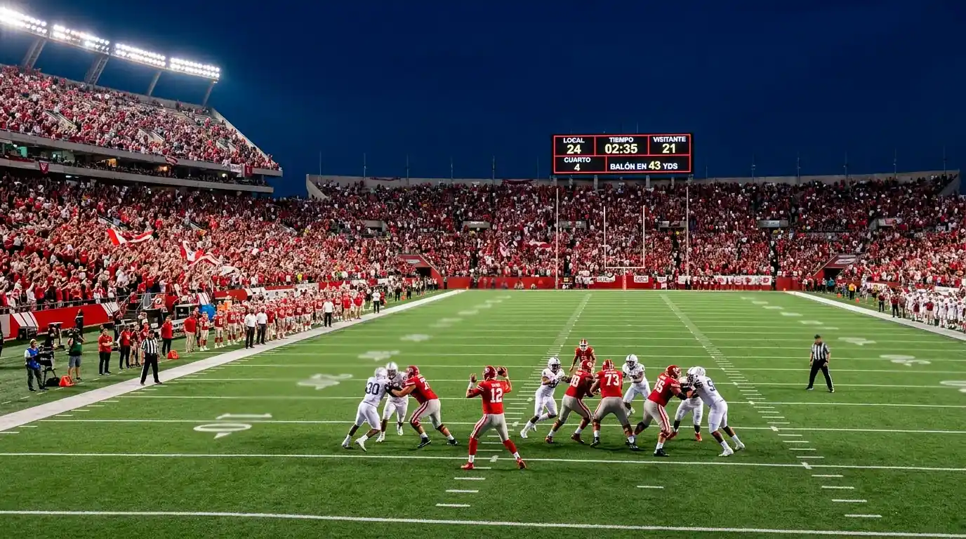 Estadio universitario de NCAA football iluminado durante un partido nocturno de la temporada regular